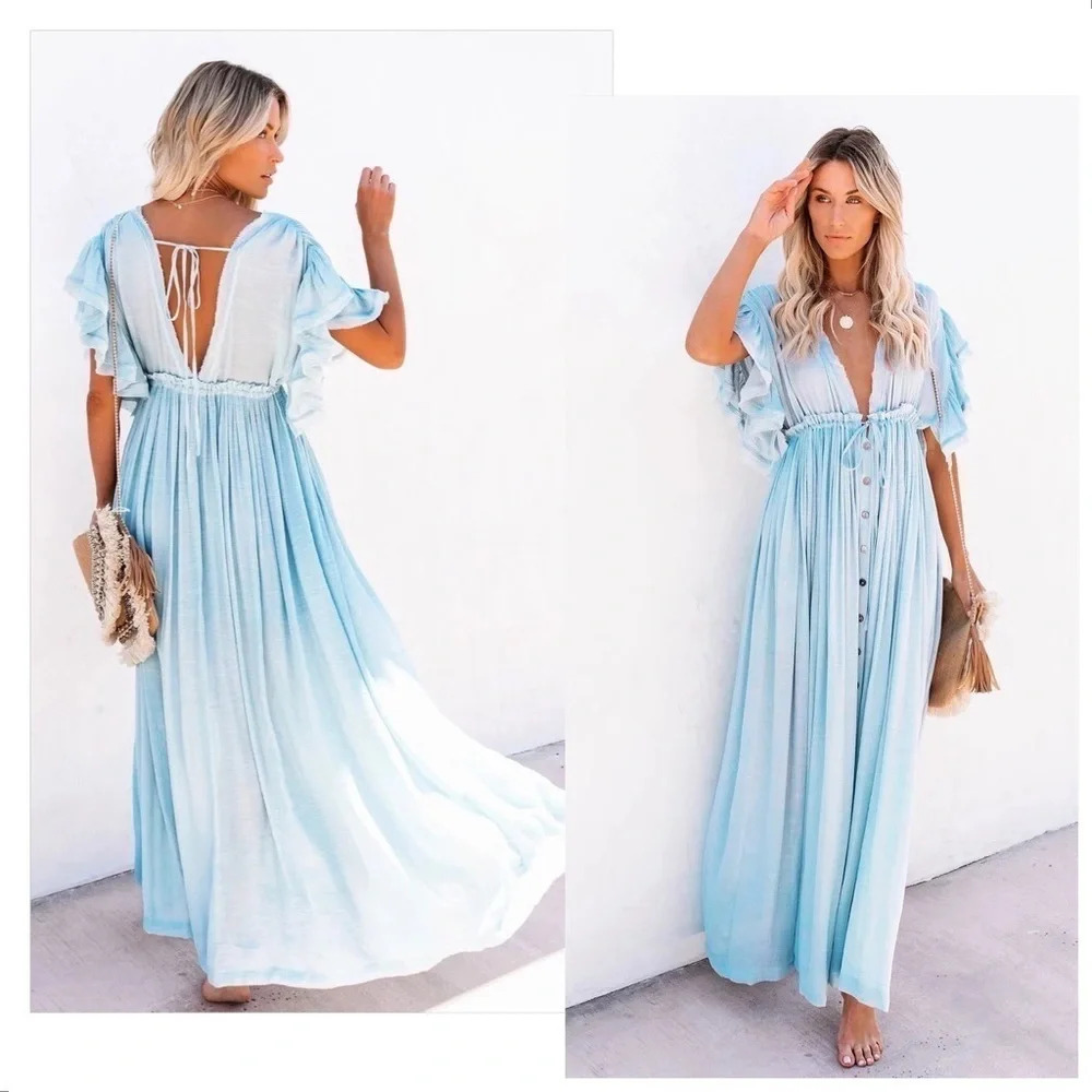 Boho Summer Front Button Flutter Sleeve Lounge Beach Coverup/Maxi Dress NEW